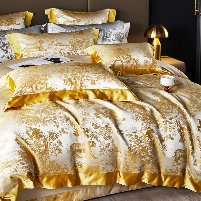 4/6Pcs Luxury Beige Gold Brocade Jacquard Egyptian Cotton Bedding Set Duvet Cover Flat/Fitted Bed Sheet Pillowcases