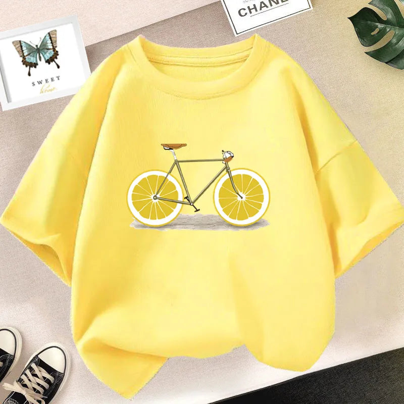 Kids T Shirt Cute Lemon Fruit Cartoon Bike Printed Tops Tee Short Sleeve Graphic Summer Fashion Boy Girl Clothing Unisex T-shirt