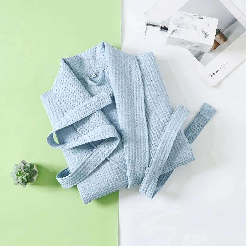 Solid Color Cotton Spring and Autumn Waffle Couples Mid-long Yukata Bathrobe Homestay Hotel Couple Soft Bathrobes