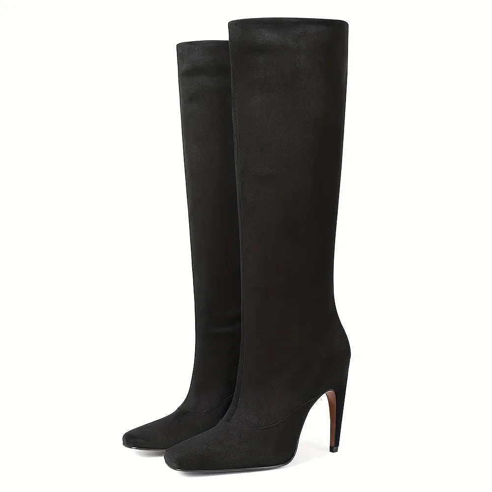 Women's Stiletto High Heeled Suede PU Knee High Boots Square Toe Pull On Thin Heel Wide Calf Boots