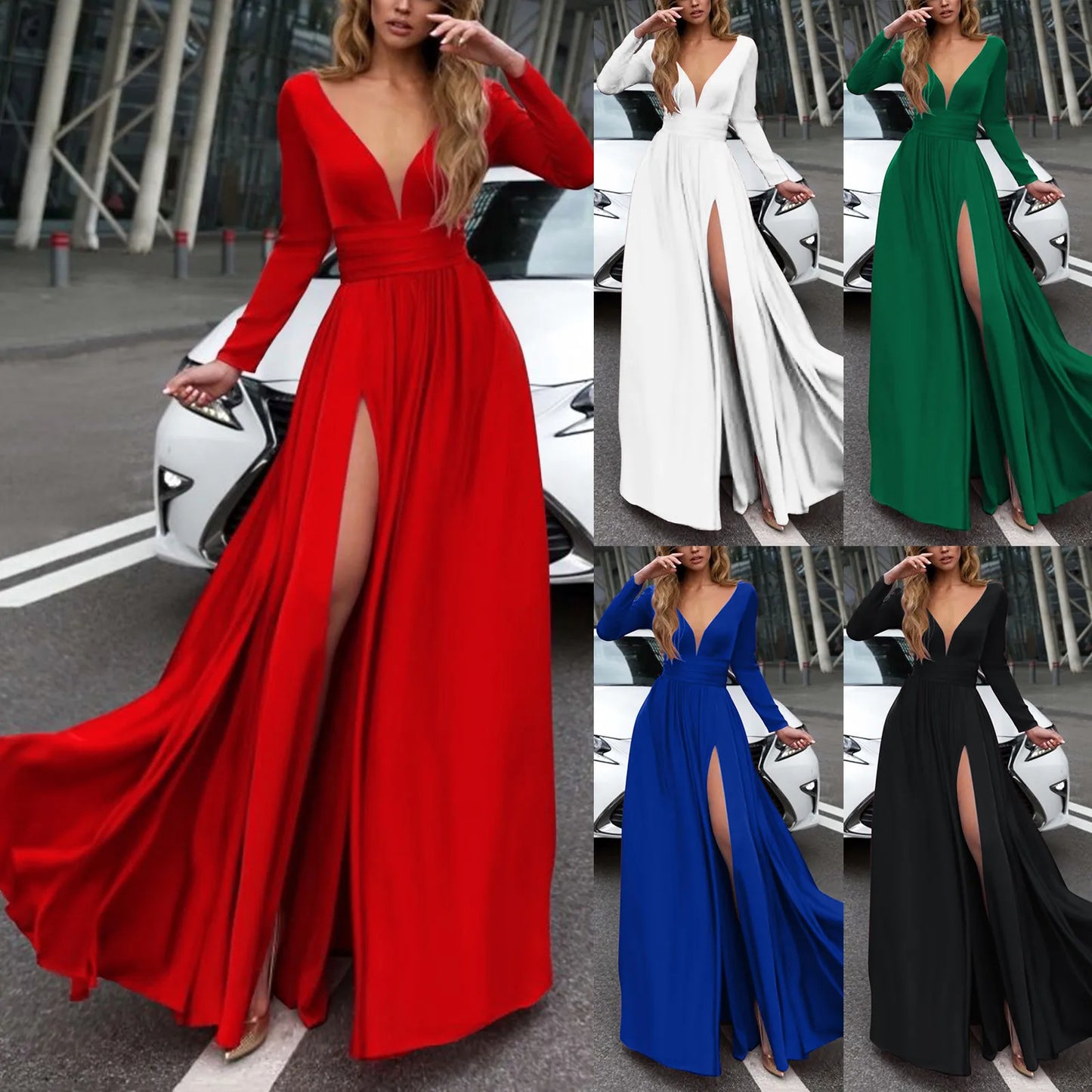 Women Wrap Split A Line Dress High Waist Deep V Neck Evening Party Long Gown
