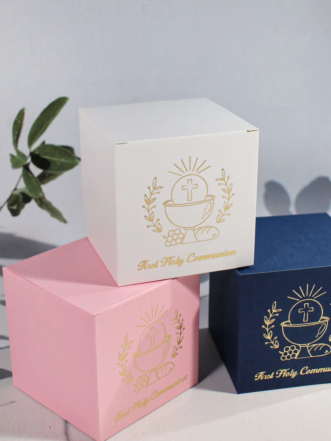 Elegant first communion gift box, golden Holy Grail of the cross and the words' First Communion ', Christian communion gift box
