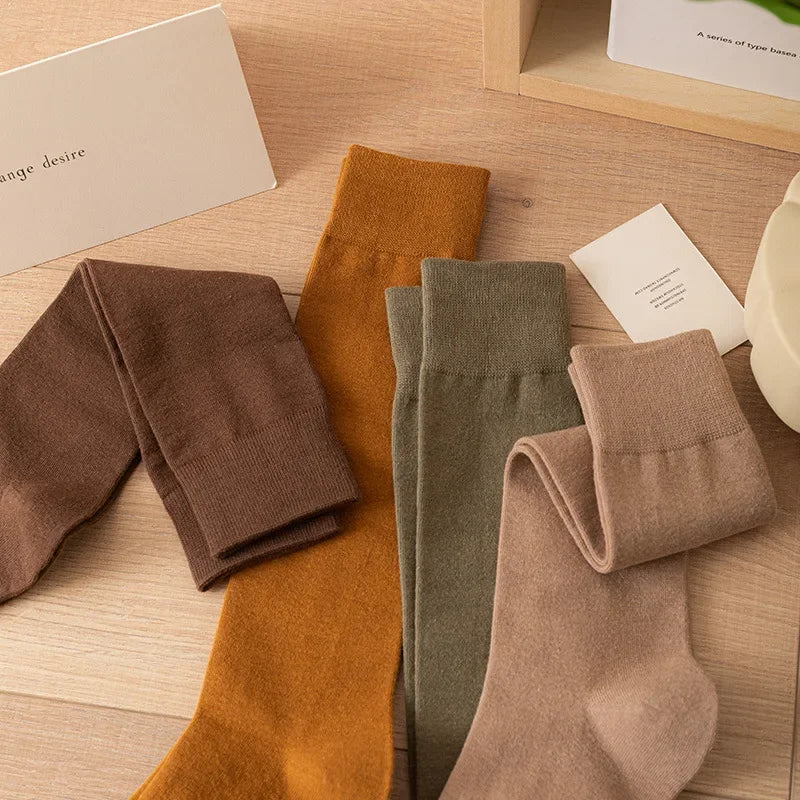 Women's Soft Cotton Knee High Long Socks Black White Solid Calf