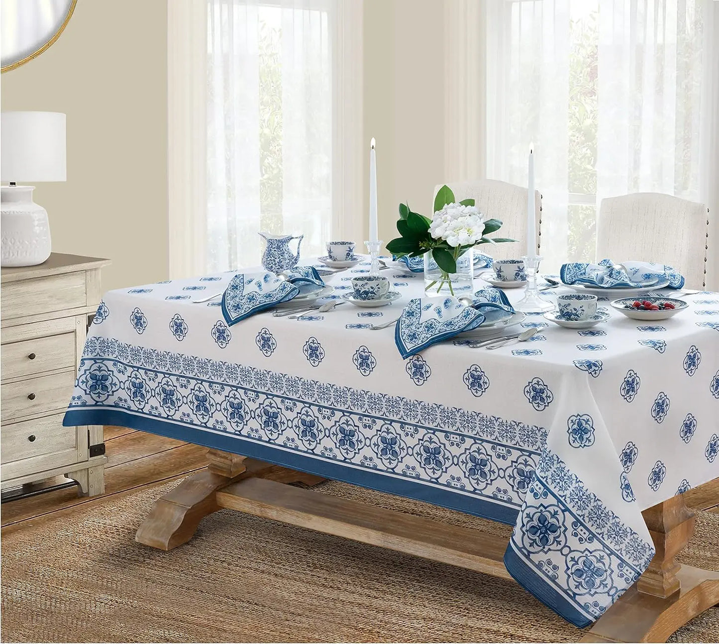 Lemon Orchard Blue Pattern Tablecloth Polyester Wipeable Waterproof Tablecloth Indoor Outdoor