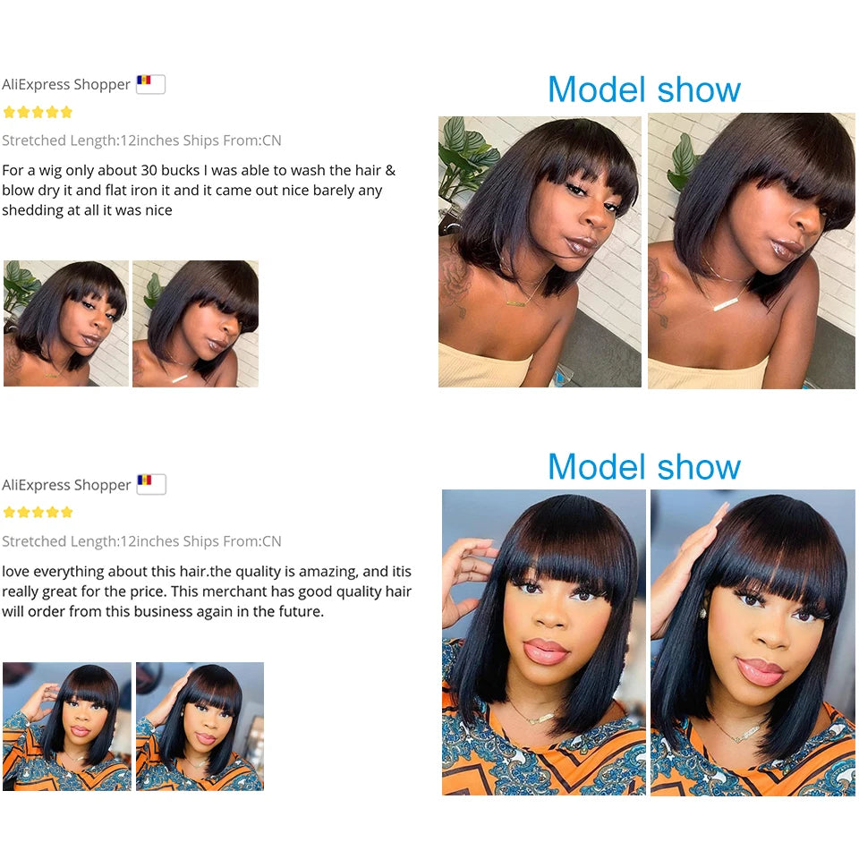 Brazilian Human Hair Wig with Bangs Straight Hair Women 8-16 Inches No Lace Bob Wigs