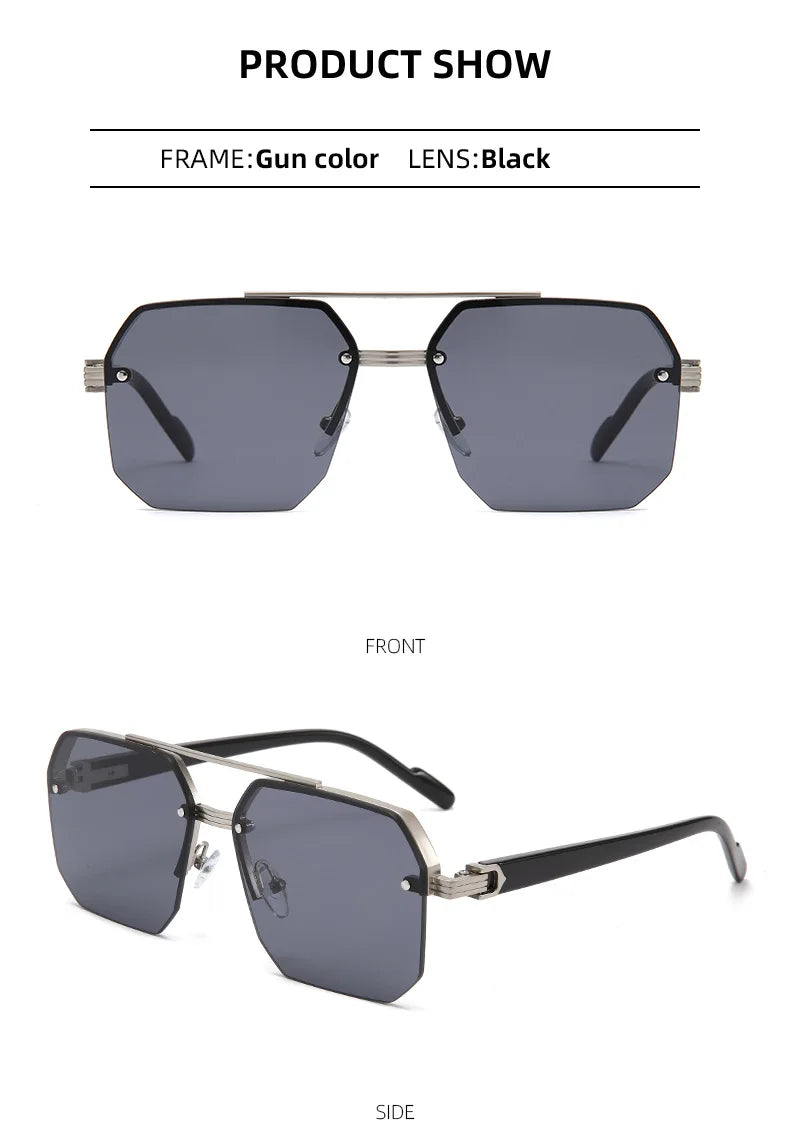 Trendy Aviator Sunglasses for Mens Womens Retro Double Bridge Metal Driving UV400 Outdoor Eyewear Semi-Rimless Lentes De Sol