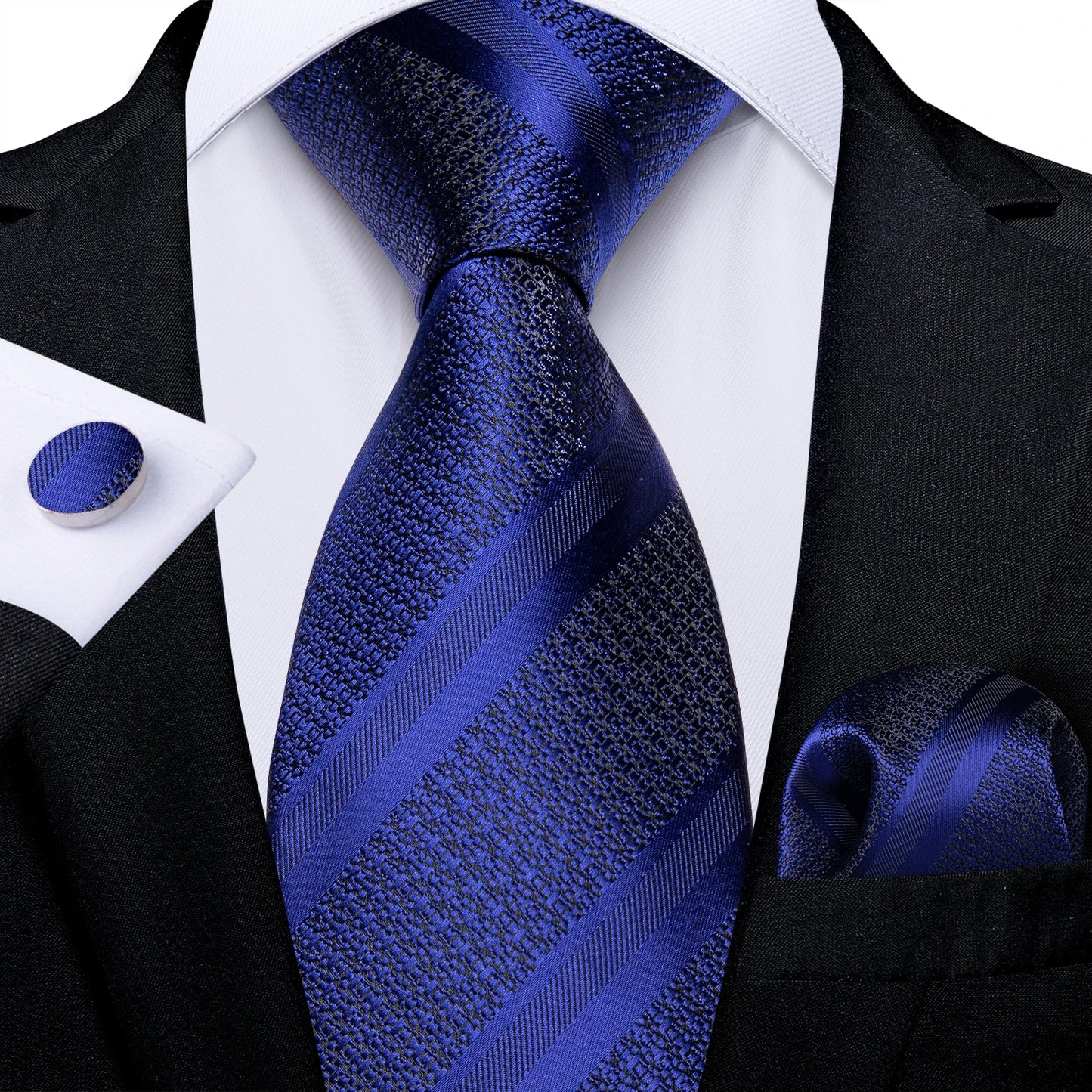 New Classic 100% Silk Men's Ties 8cm Blue Plaid Dot Striped Business Necktie Handkerchief Wedding Party Tie Set