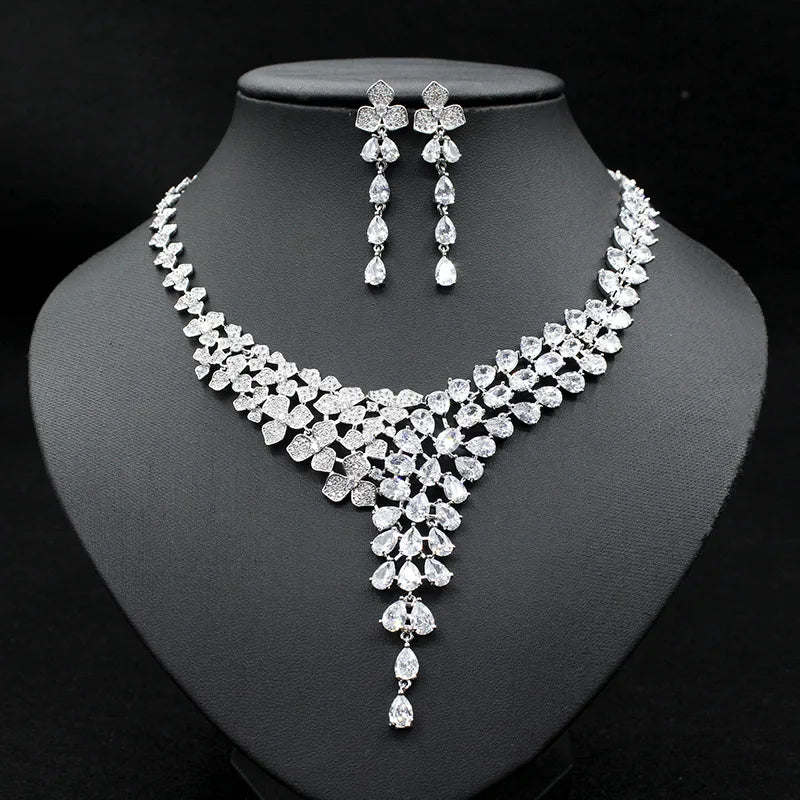 Women Flower Drop Necklace Earring 18K Gold Plated Pink Crown Zirconia