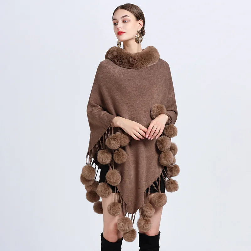 Women's Elegant Poncho Coat Faux Fur Collar Balls Autumn or Winter Knit Pullover Cape