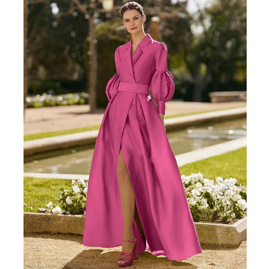 Luxury Evening Dress Long Sleeve Floor Length Satin Solid Color Elegant A-Line Formal