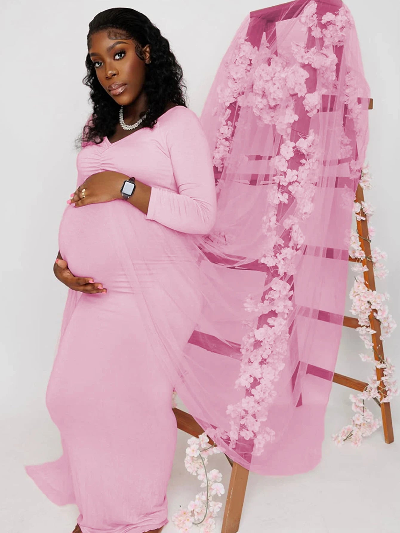 Maternity Long Sleeved Floor Length Mesh Dress