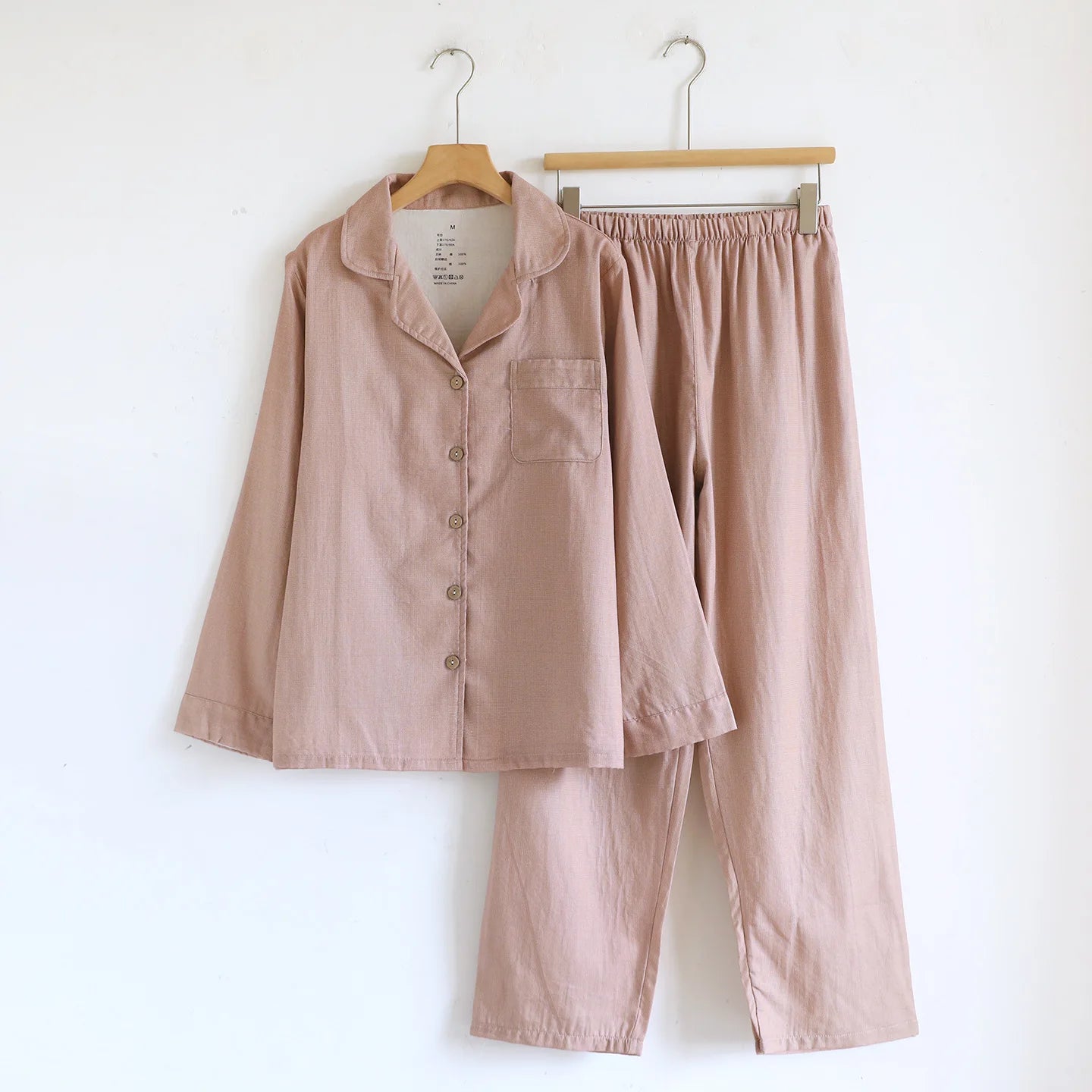 Comfortable Cotton Couples Pajamas Set for Autumn Color Woven Loose Long Sleeved Pants