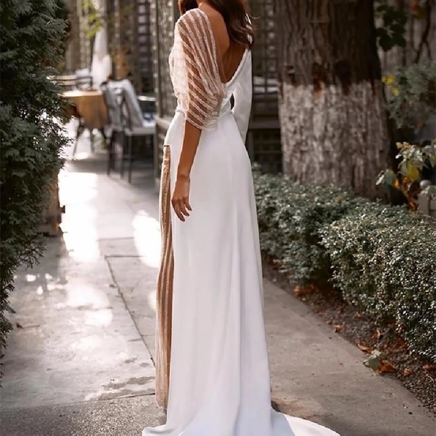 Long Elegant Dresses Women's Lace Lace Gold Deep V Long Sleeve Slit Irregular Dress Gown