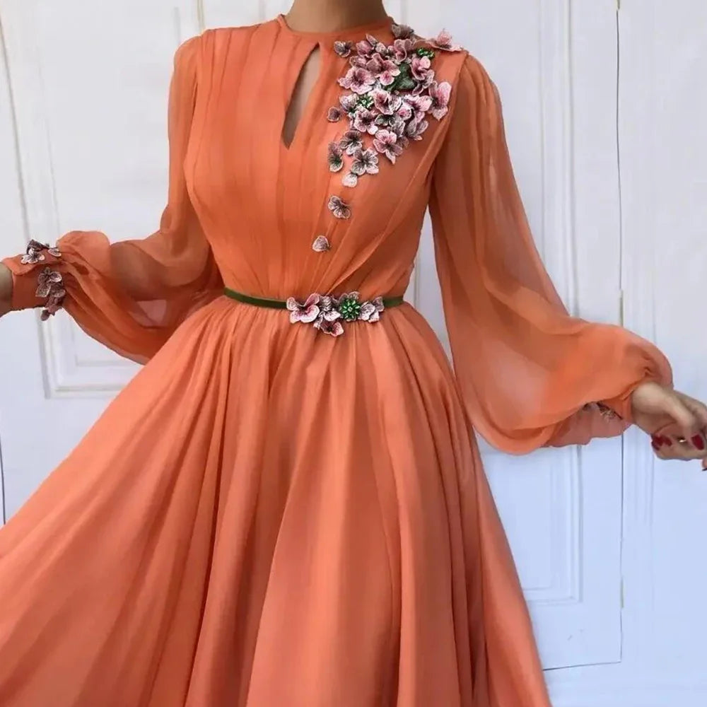 Elegant Women Prom Dresses Floral Appliques O-Neck A-Line Evening Gowns Fashion Sashes Long Sleeves Orange Party Dresses