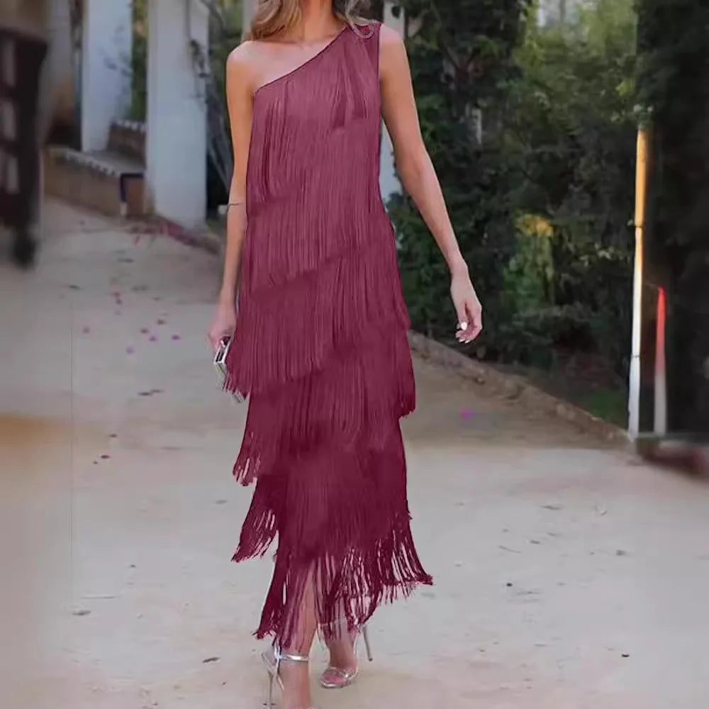 Spring and Summer Women's Fashion Fringed One Shoulder Asymmetrical Dress