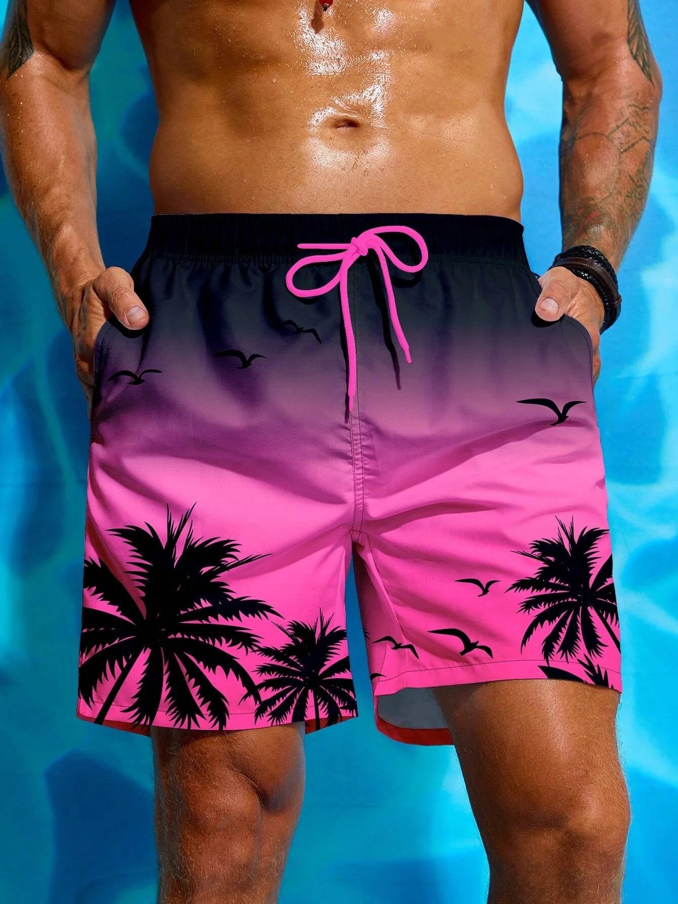Men's Palm Tree 3D Printed Drawstring Swimming Breathable Shorts