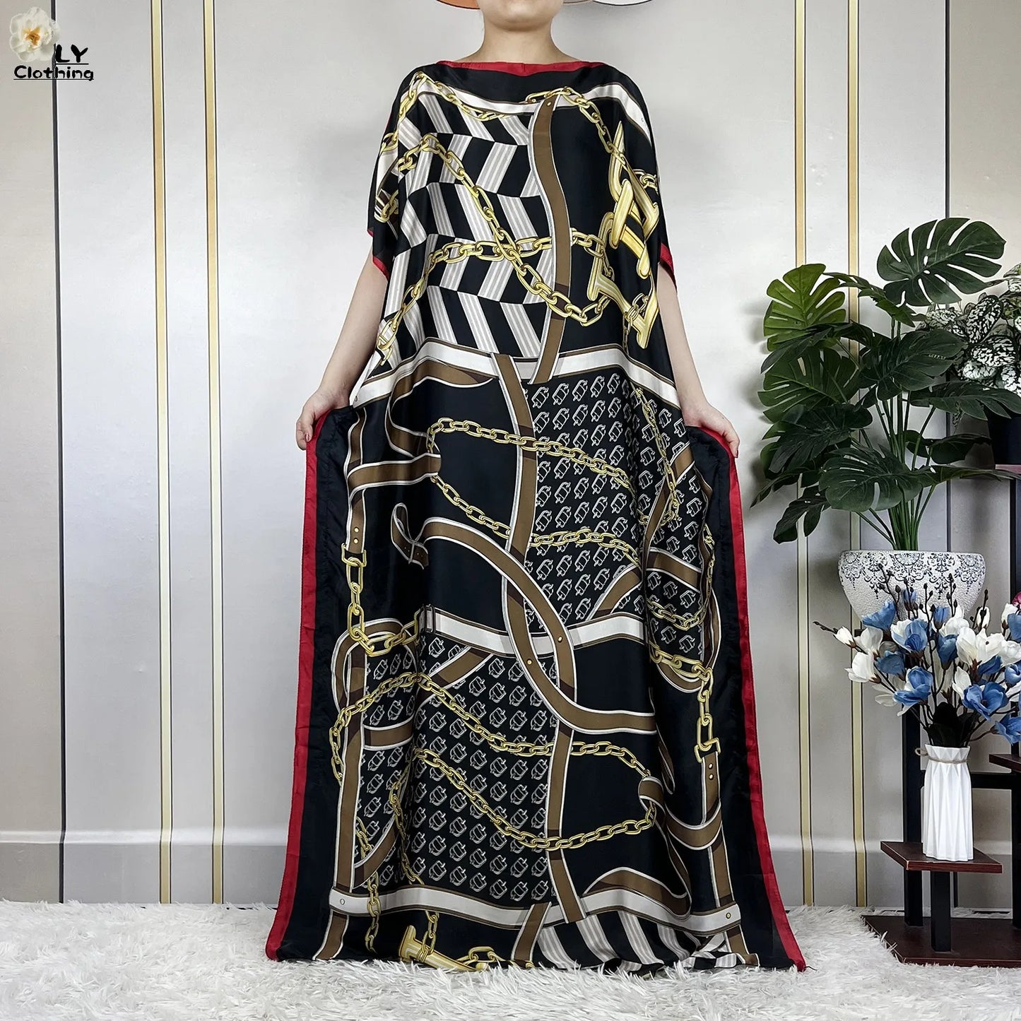 Women Printed Silk Soft Loose Maxi Party Dresses With Belt Turban