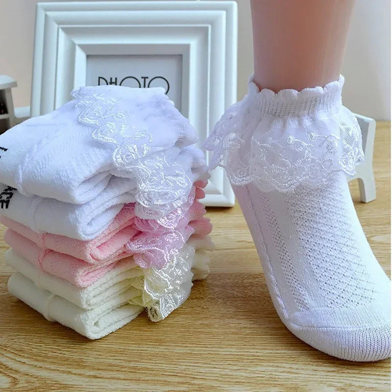 Breathable Cotton Socks with Ruffle Lace