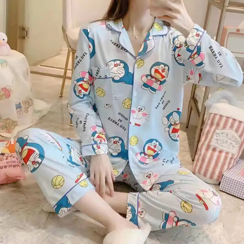 Hello Kitty 2Pcs Pajamas Set for Women Long Sleeve Tops Pants Loungewear