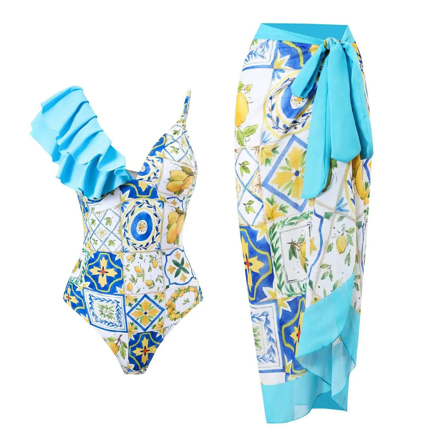2-Piece Women Brazilian Floral Printed Ruffle Bikinis Strappy Bandage Swimwear
