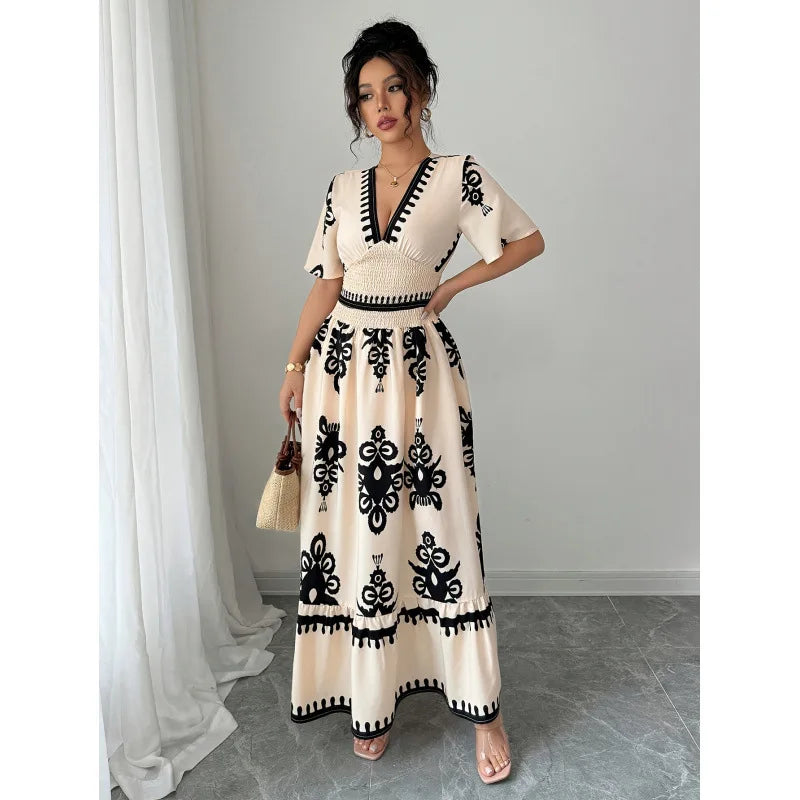Women Summer Long Dress Vintage Print Maxi Gown V Neck Short Sleeve Tight Waist A Line