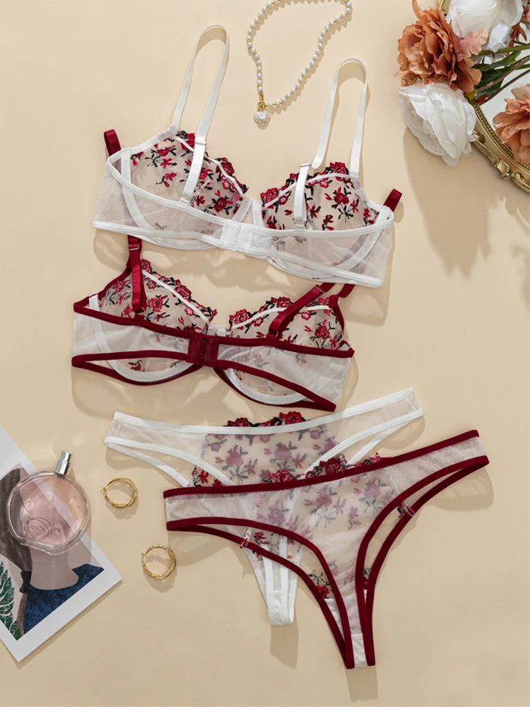 2 Sets Romantic Floral Embroidery Women Lingerie