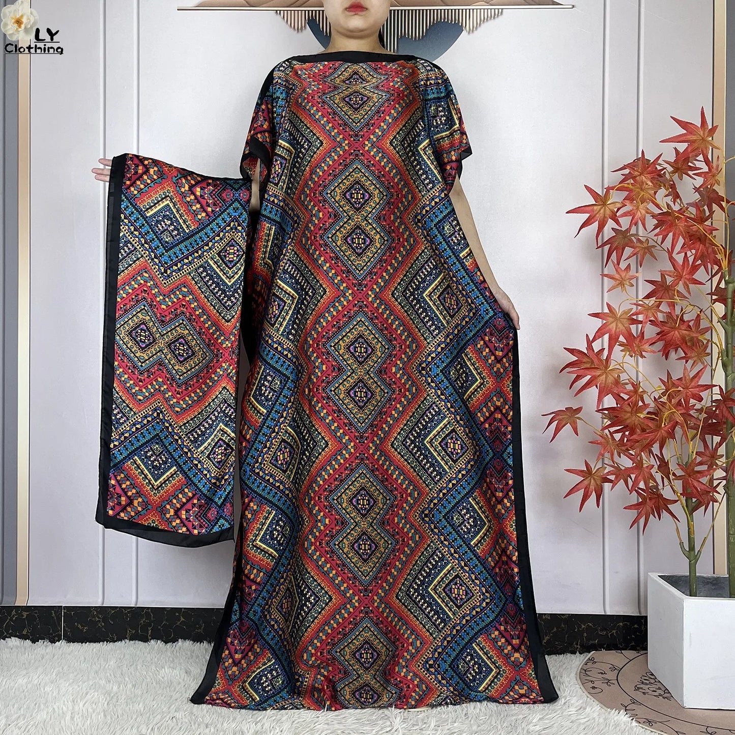 Women Printed Silk Soft Loose Maxi Party Dresses With Belt Turban