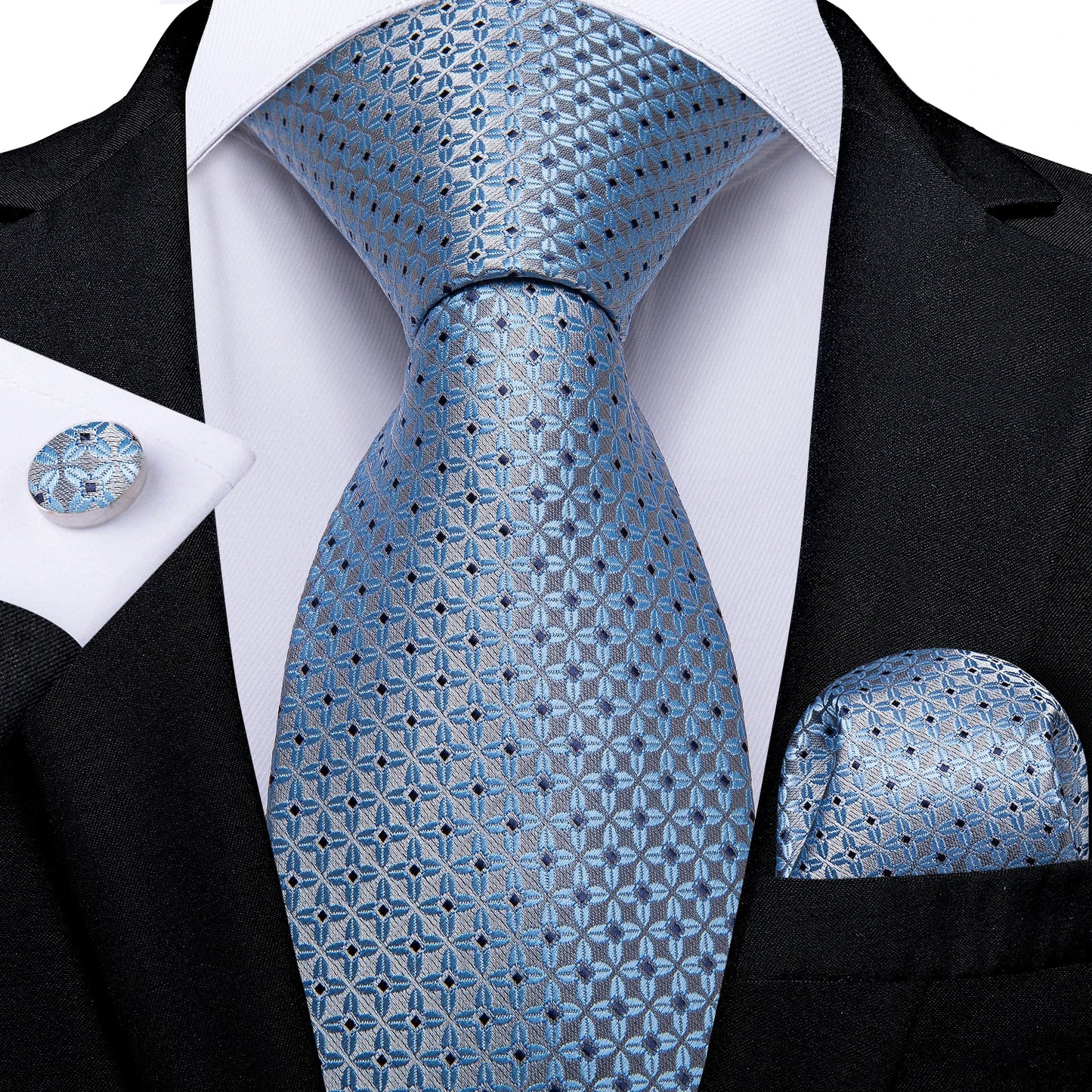 New Classic 100% Silk Men's Ties 8cm Blue Plaid Dot Striped Business Necktie Handkerchief Wedding Party Tie Set