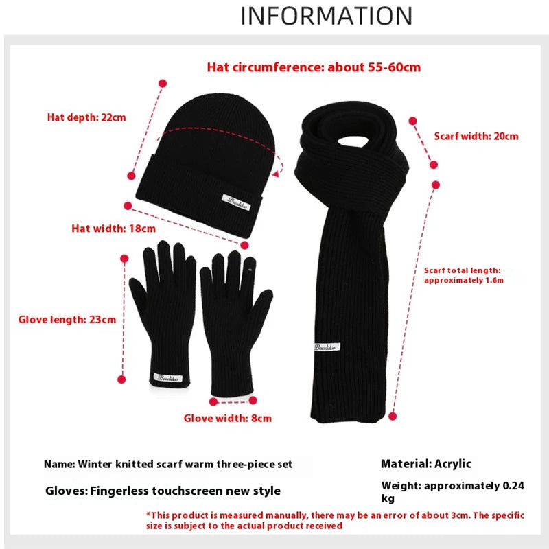 Winter Warm Knitted Hat Scarf Gloves Women's Windproof Three-piece Set