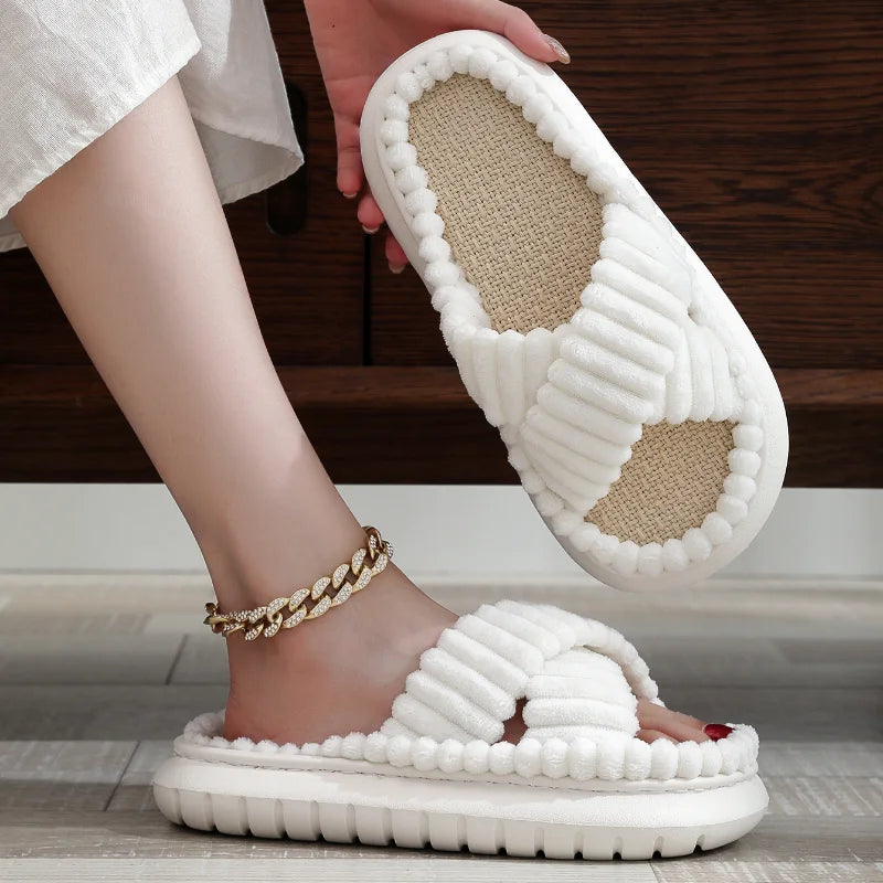 Winter Women Slippers Open-Toe Cross Band Linen Soled Indoor Non-Slip