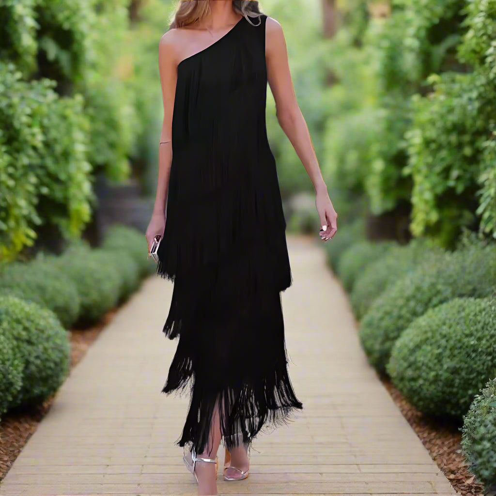 Spring and Summer Women's Fashion Fringed One Shoulder Asymmetrical Dress