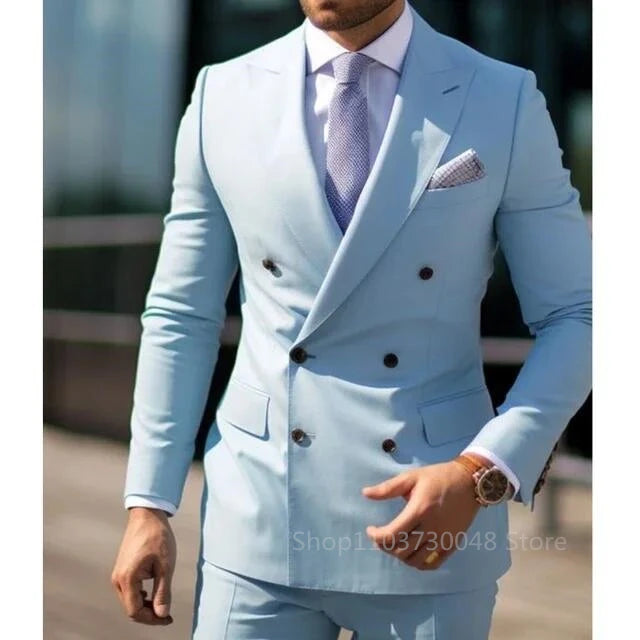 Solid 2 Pieces Men Suits Set Formal Business/Wedding Groom Suits Peak Lapel Double Breasted Blazer Trousers