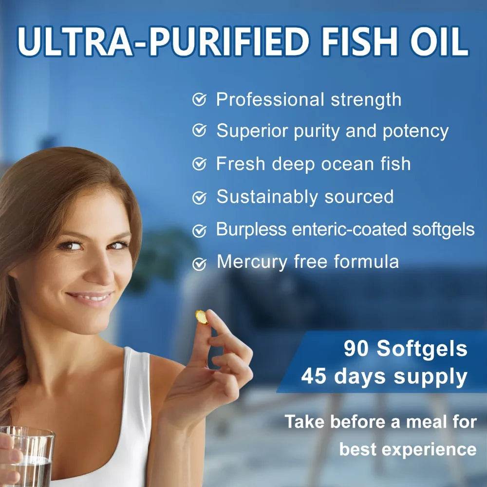OMEGA 3 Fish Oil Supplement - Rich in EPA & DHA, Supports Brain Health, Heart - Immune System, Eyes, Skin, 90 Capsules