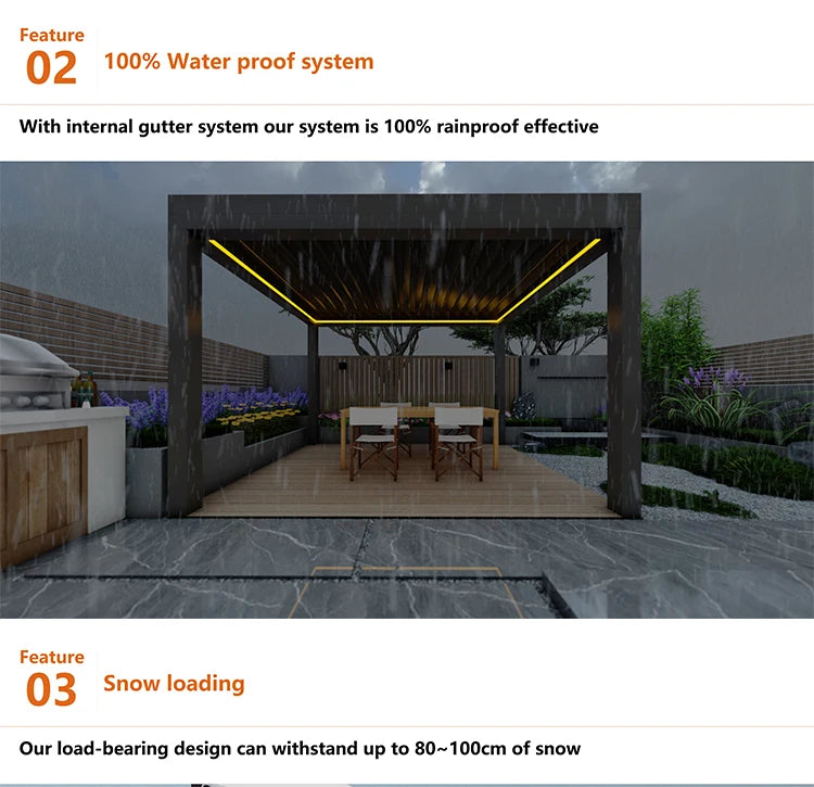 Aluminum pergola, rainproof, electrically adjustable gazebo, electric louvered awning, outdoor patio sunshade.