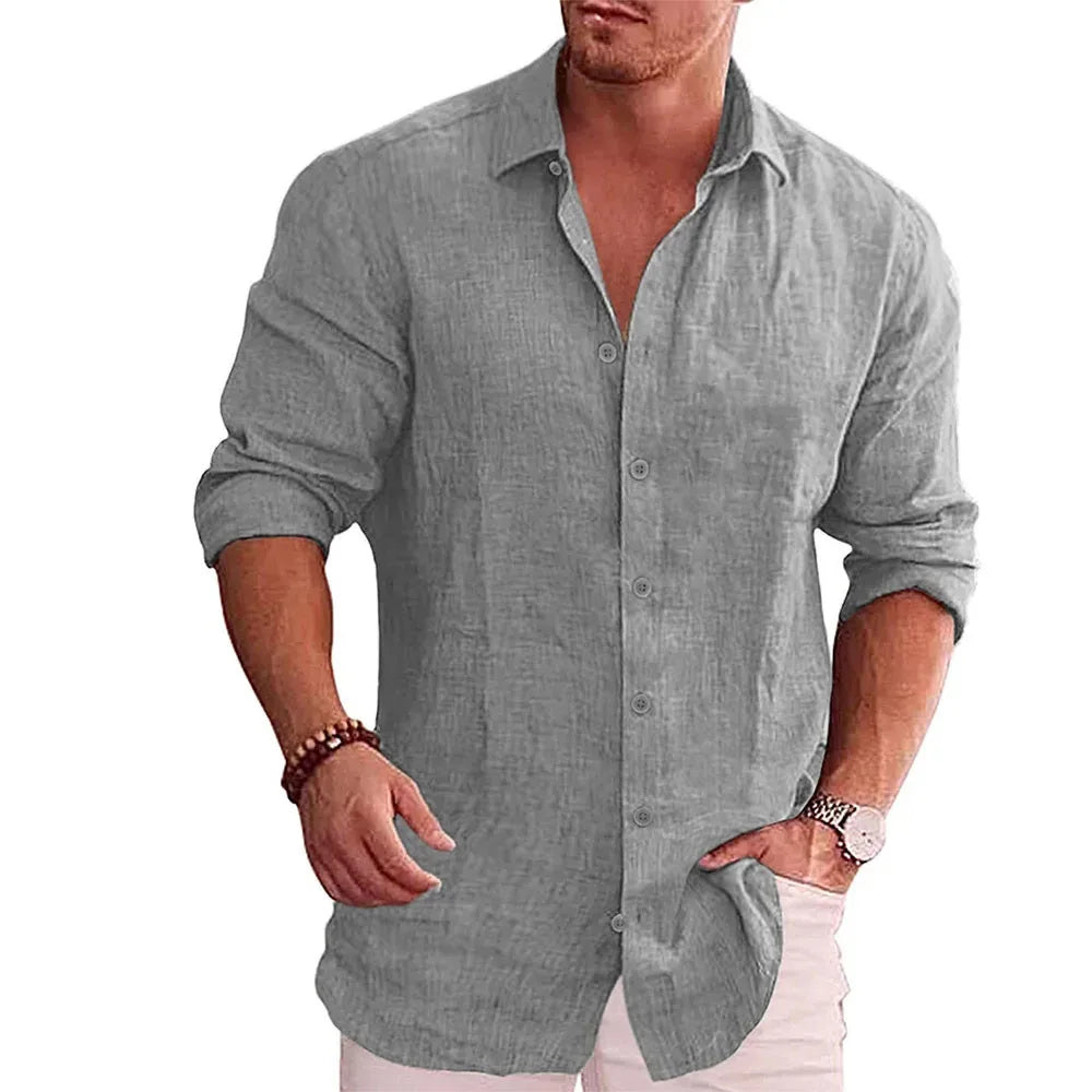 Autumn Men's Long Sleeve Shirt Cotton Linen Breathable Solid Color Casual Style Plus Size