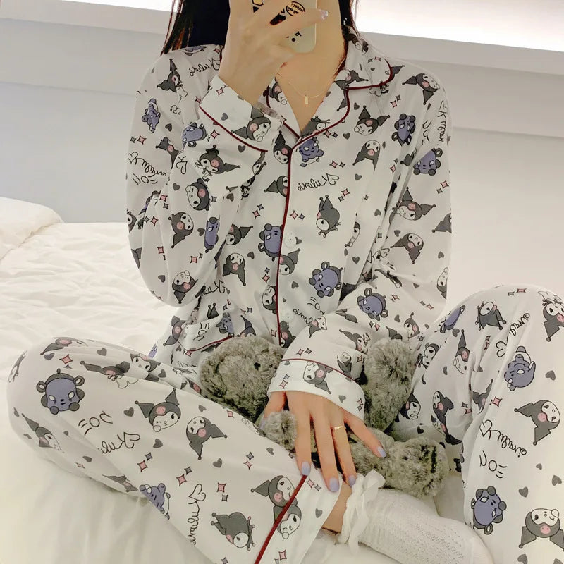 Hello Kitty 2Pcs Pajamas Set for Women Long Sleeve Tops Pants Loungewear