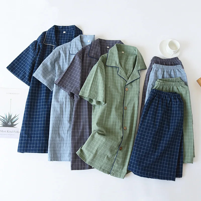 Men's Pajamas Summer Thin Short-sleeved Shorts Cotton Plaid