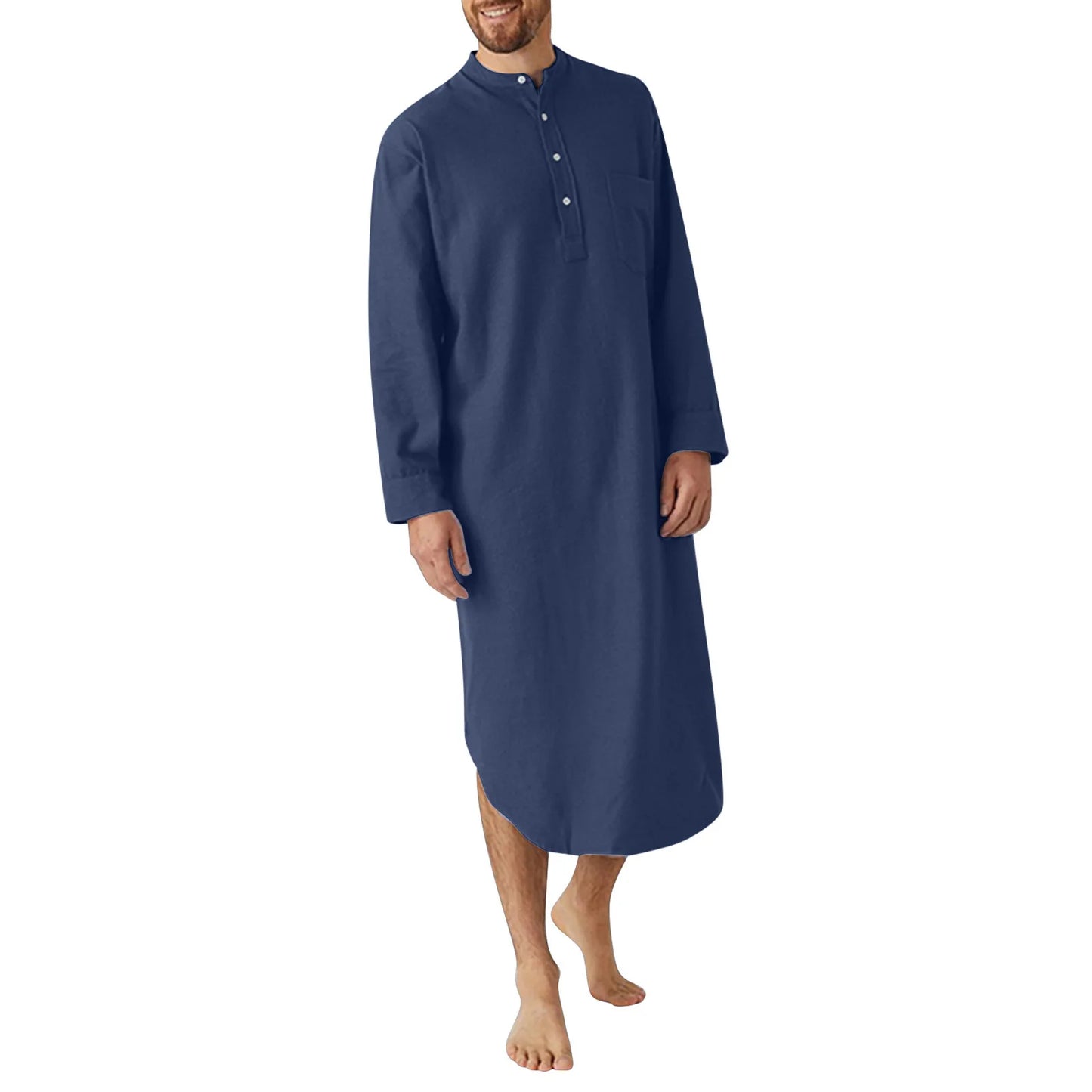 Men's Comfortable Cotton Button-down Sleep Robe Solid Color Stand Neck Long Sleeve Nightgown