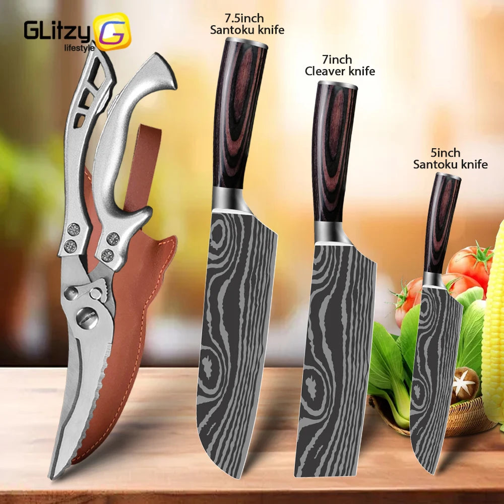 Damascus Laser Steel Kitchen Chef Knives with Shear Cutter and Wooden Handle