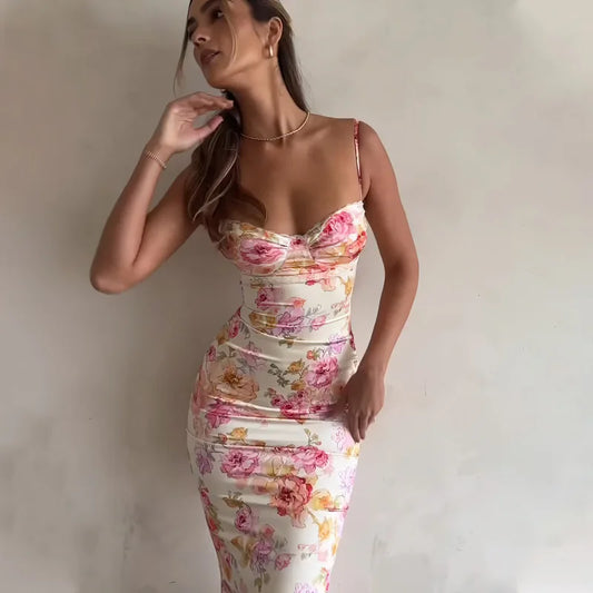 Summer Floral Suspender Split Slim Sleeveless Party Beach Style Spaghetti Strap Dress