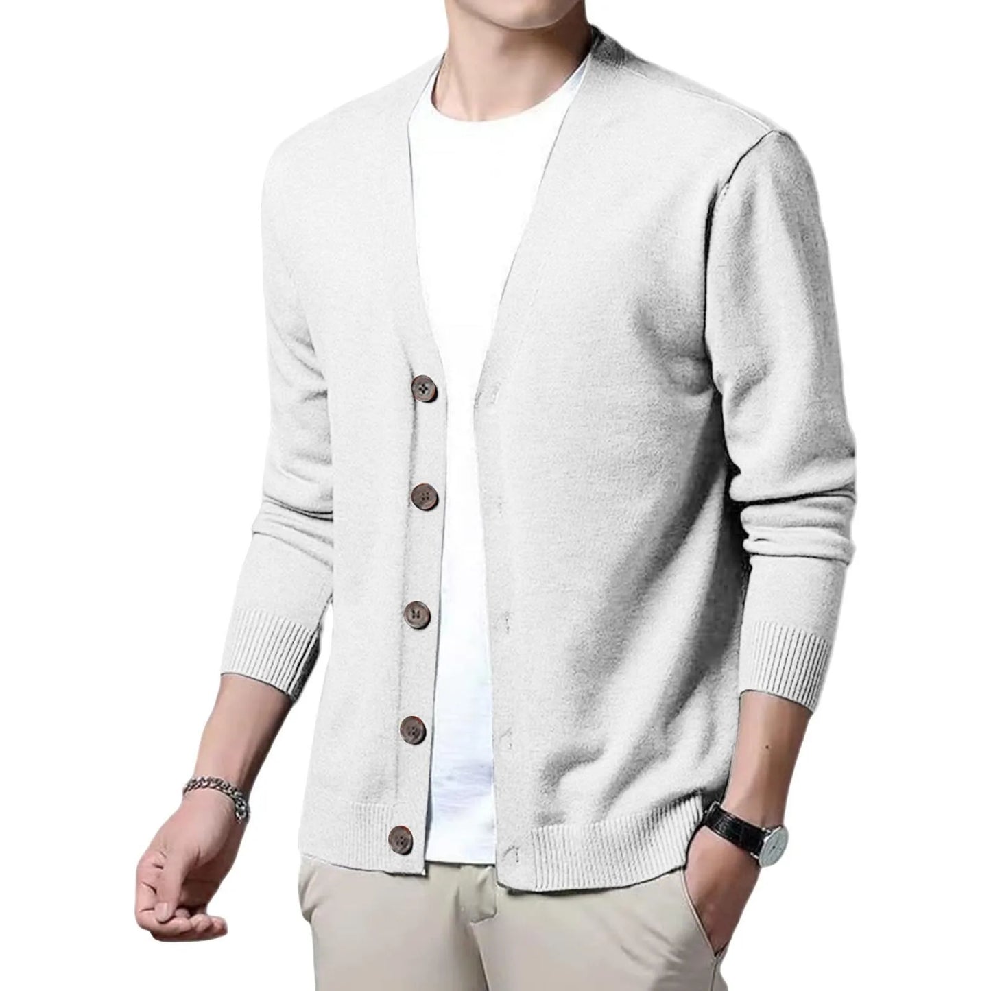 Men's V Neck Cardigan Sweater Single Breasted Ribbed Knitted