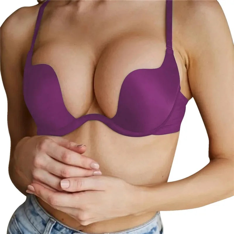 Women Push Up Bra Backless Low Cut Sexy Plunge Brassiere Open Back U-Shape Seamless