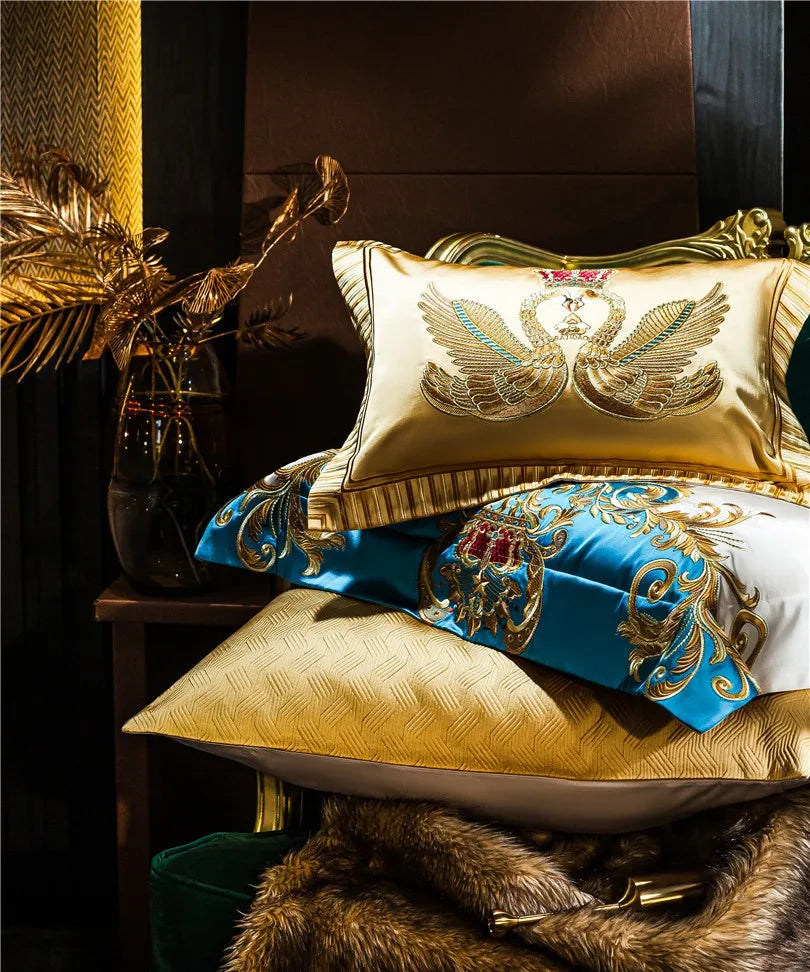 Gold and Blue Embroidery Satin Comforter Cover 4/6/10Pcs Bedding set