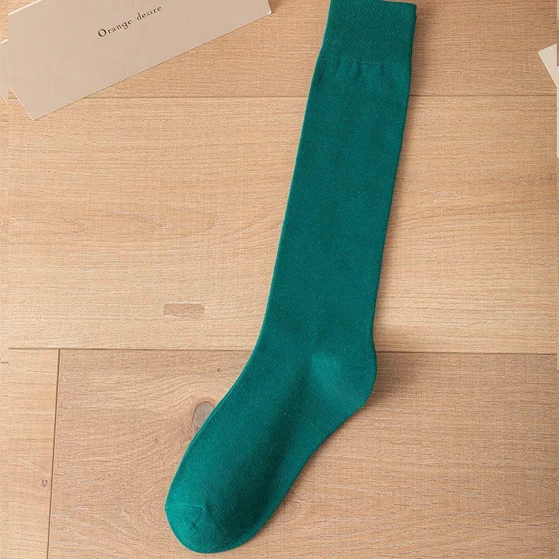 Women's Soft Cotton Knee High Long Socks Black White Solid Calf