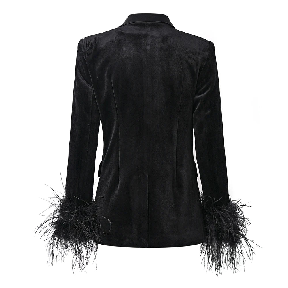 Women Velvet Fluffy Feather Patchwork Jacket Blazer