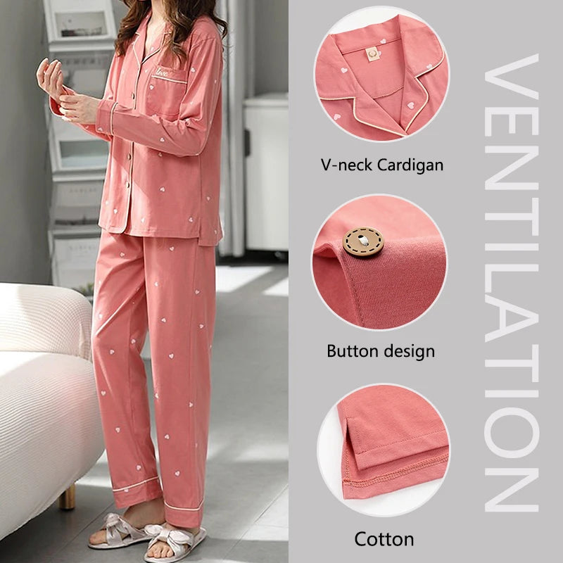 High Quality Large Size Women Cotton Pajamas Button down Tops and Trousers Set Sleepwear Homewear