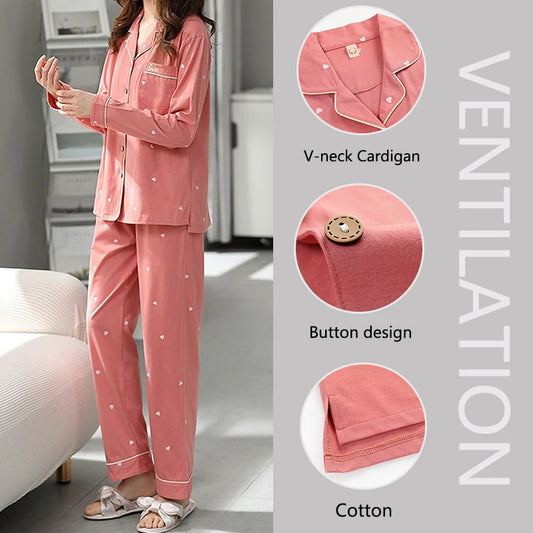 High Quality Large Size Women Cotton Pajamas Button down Tops and Trousers Set Sleepwear Homewear