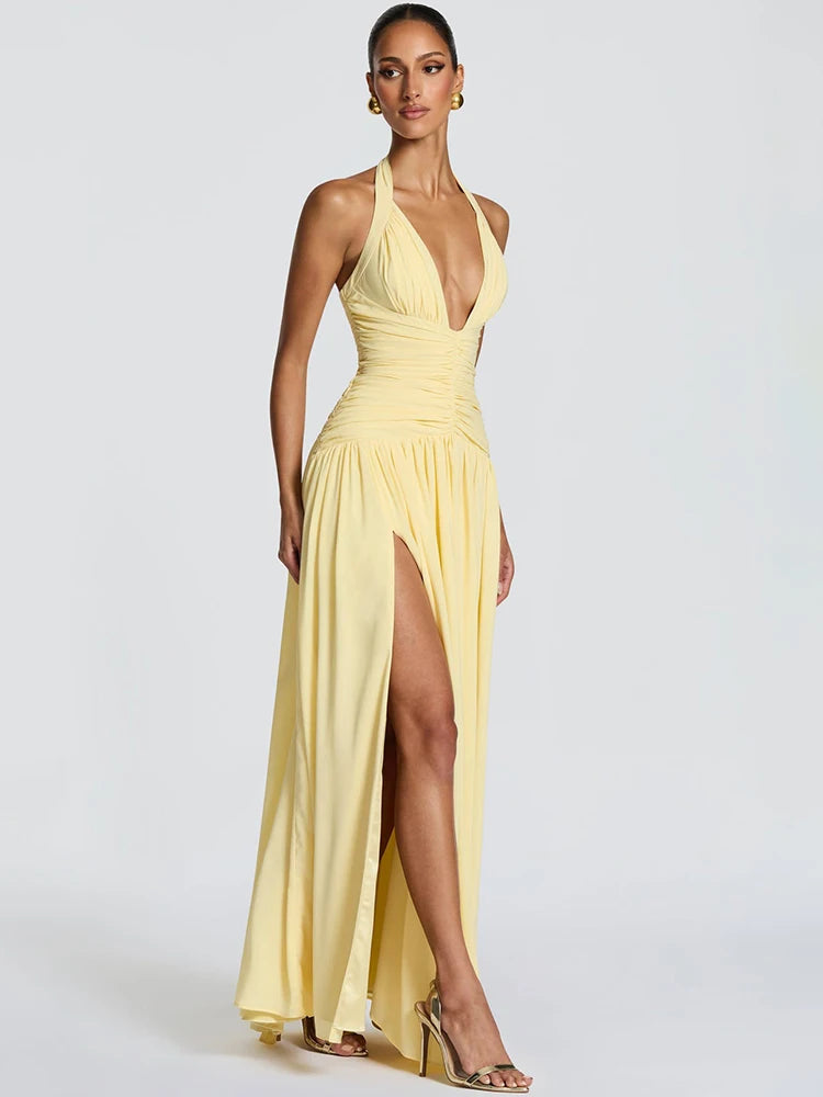 Elegant Halter Deep V Neck Sexy Maxi Women Dress Off-shoulder Sleeveless