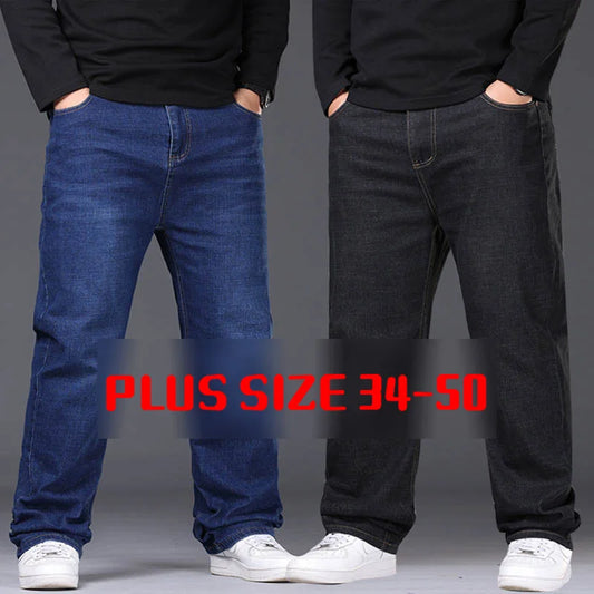 34-50 Sizes Men's Stretch Jeans Straight Leg Denim Pants Extended Sizing Blue/Black Streetwear Relaxed Fit for Work & Casual