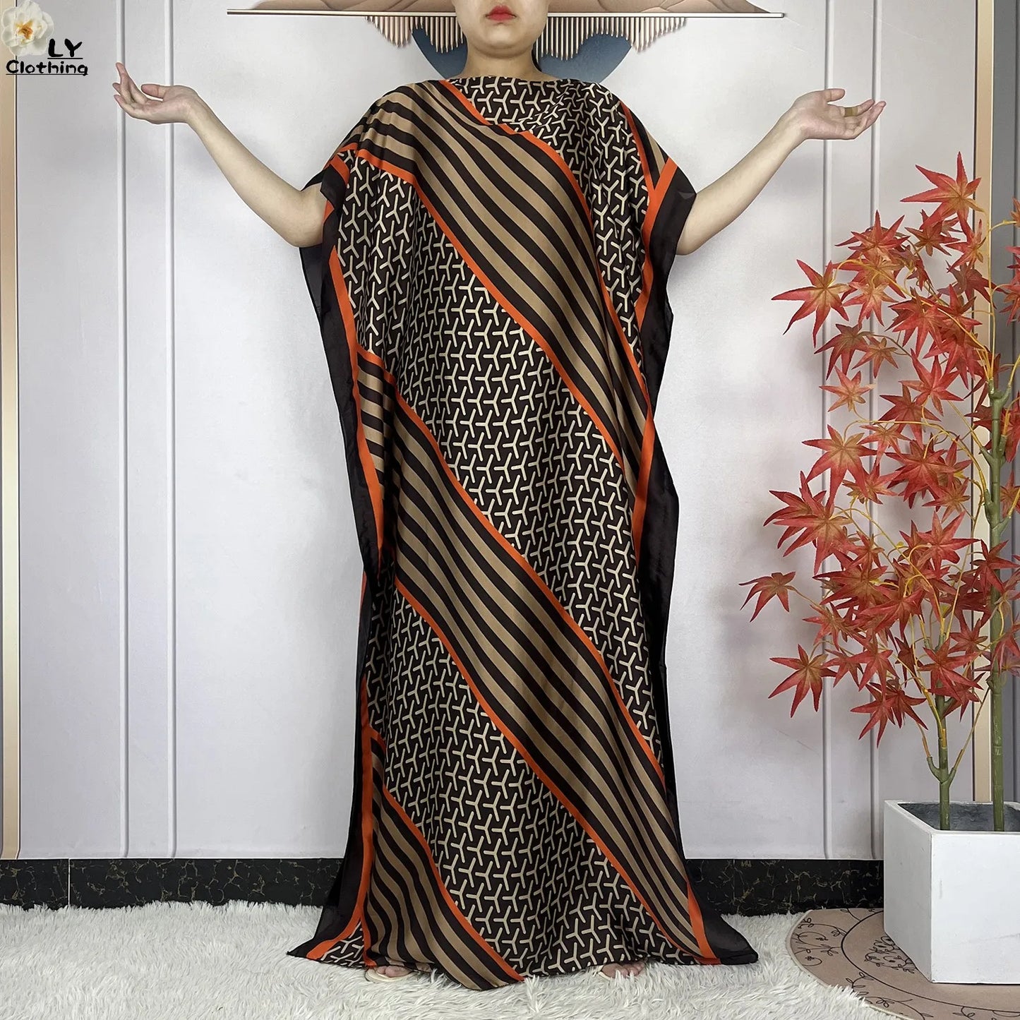 Women Printed Silk Soft Loose Maxi Party Dresses With Belt Turban